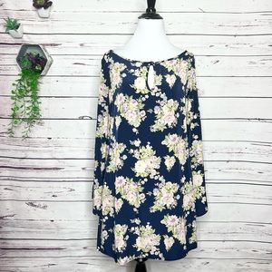 SAGE Navy Blue & Purple Floral Split Sleeve Dress Size Medium